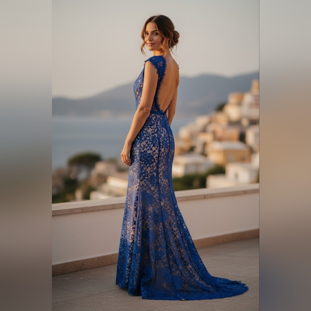 Elegant Blue Lace Backless Dress